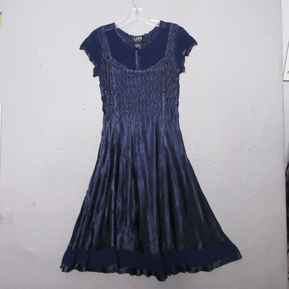 Vintage EXPO New York Dress Blue Smocked Crinkle Texture Y2K 90s Whimsigoth Boho